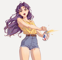  1girl alcohol artist_name bare_arms bare_shoulders beer belt belt_buckle breasts brown_belt brown_eyes buckle can cowboy_shot denim denim_shorts drink_can grey_background high-waist_shorts highres katsuragi_misato long_hair looking_at_viewer medium_breasts neon_genesis_evangelion open_mouth opening_can pabst_blue_ribbon parted_bangs peaceablecolt purple_hair shirt shirt_tucked_in short_shorts shorts sleeveless sleeveless_shirt smile solo thighs yellow_shirt 
