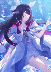  1girl amenosaka_nono arm_ribbon black_hair blue_petals bow closed_eyes closed_mouth colored_inner_hair columbina_(genshin_impact) commentary cowboy_shot dress eye_mask falling_petals floating_hair genshin_impact gradient_hair hair_ribbon hand_up head_wings highres long_hair mask multicolored_hair petals purple_hair purple_streaks ribbon solo thigh_strap watermark white_bow white_dress white_ribbon white_wings wings wrist_bow 