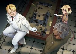  3boys absurdres animal_ears artist_name bag blonde_hair captain_(hellsing) cat_boy cat_ears cat_tail coat dice glasses gloves green_shirt grey_hair hellsing highres hitler_youth major_(hellsing) majorette_(artist) male_focus military_vehicle miniature motor_vehicle multiple_boys nazi necktie pants playing_games playing_tabletop_wargame red_eyes schroedinger_(hellsing) shirt short_hair smile tabletop_game tail tank white_coat white_gloves white_pants white_shirt world_war_ii 