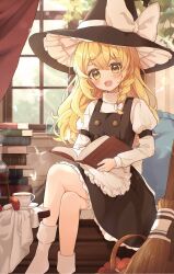  1girl apron black_skirt black_vest blonde_hair blush book bow braid broom commentary_request crossed_legs cup frilled_apron frilled_skirt frills hair_bow hat hat_bow highres holding holding_book indoors kirisame_marisa long_hair long_sleeves looking_at_viewer mushroom open_mouth plant side_braid single_braid sitting skirt socks solo steam tea teacup touhou vest waist_apron wheat_retzel white_apron white_bow white_socks window witch_hat yellow_eyes 