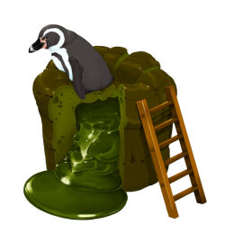  bird cake commentary_request food ladder lilac_(p-f_easy) matcha_(food) no_humans on_food original penguin simple_background syrup white_background 