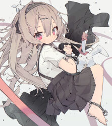  1girl absurdres animal ankle_cuffs barefoot black_skirt blush brown_hair closed_mouth commentary cuffs dated_commentary double-parted_bangs from_side full_body hair_between_eyes hair_ornament hairband handcuffs highres long_hair looking_at_viewer nep_(nep_76) original pink_eyes pleated_skirt rabbit red_hairband shirt short_sleeves simple_background skirt solo suspender_skirt suspenders white_background white_shirt x_hair_ornament 