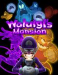  1boy black_background boo_(mario) cover facial_hair gaku_kumatori ghost gloves grin highres holding long_nose long_sleeves looking_at_viewer luigi&#039;s_mansion male_focus mustache pointy_ears purple_headwear simple_background smile super_mario_bros. video_game_cover waluigi wario white_gloves 