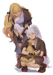  ahoge alternate_costume behind_another bent_over blonde_hair cat closed_mouth collarbone crmnlmlfhntr durandal_(honkai_impact) gradient_hair hair_between_eyes hair_ribbon hashtag-only_commentary head_tilt high_ponytail highres honkai_(series) honkai_impact_3rd jacket kiana_kaslana leaning_forward light_smile long_hair multicolored_hair open_clothes open_jacket ponytail ribbon shade shirt short_sleeves siblings sisters skirt squatting standing streaked_hair wavy_hair white_hair white_shirt wide_sleeves 