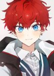  1boy bangs blue_eyes blush child collared_shirt copyright_request dress_shirt earrings highres jacket jewelry looking_at_viewer male_child male_focus monza_(saeumon) portrait redhead shirt short_hair simple_background single_earring smile solo sweater_vest white_shirt 