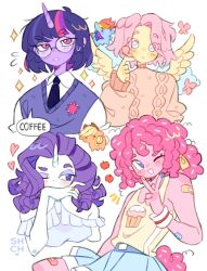  4girls alternate_costume alternate_hair_length alternate_hairstyle applejack black_necktie blue_eyes blue_skirt blunt_bangs bob_cut bug butterfly chibi chibi_inset clouds colored_skin commentary cupcake_print curly_hair english_commentary eyeshadow feathered_wings fluttershy glasses highres long_hair looking_at_viewer makeup mane_six_(my_little_pony) multicolored_hair multiple_girls my_little_pony my_little_pony:_friendship_is_magic necktie one_eye_closed personification pink_hair pink_skin pink_sweater pinkie_pie pony_(animal) purple_eyeshadow purple_hair purple_sweater_vest rainbow_dash rarity_(my_little_pony) round_eyewear sharpycharot shirt short_hair simple_background skirt streaked_hair sweater sweater_vest tank_top twilight_sparkle unicorn_girl unicorn_horn v violet_eyes white_background white_shirt white_skin wings yellow_skin yellow_tank_top 