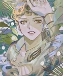  1boy blonde_hair braid braided_ponytail commentary flower giorno_giovanna jojo_no_kimyou_na_bouken leaf long_hair masakenme solo vento_aureo white_flower yellow_eyes 