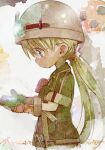  1girl blonde_hair brown_gloves brown_headwear brown_jacket glasses gloves green_eyes helmet jacket jet_yowatari looking_at_hands made_in_abyss profile riko_(made_in_abyss) short_sleeves solo twintails upper_body watercolor_effect whistle 
