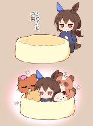 1girl animal_ears animalization blue_shirt blush brown_hair cat character_request chibi chibi_only commentary_request gomashio_(goma_feet) highres horse_ears horse_girl horse_tail jitome long_hair long_sleeves meisho_doto_(umamusume) no_mouth red_eyes shirt simple_background standing t.m._opera_o_(umamusume) tail translation_request umamusume 