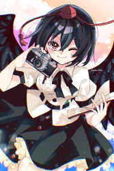  1girl ;) black_bow black_bowtie black_hair black_skirt black_wings blush book bow bowtie breasts brown_eyes camera closed_mouth commentary_request crossed_bangs digital_camera feathered_wings frilled_skirt frills hair_between_eyes hat highres holding holding_book holding_camera katsuragi_atori looking_at_viewer medium_breasts one_eye_closed puffy_short_sleeves puffy_sleeves red_hat ribbon-trimmed_shirt ribbon_trim shameimaru_aya shirt short_hair short_sleeves skirt smile solo tokin_hat touhou twitter_username white_shirt wings 