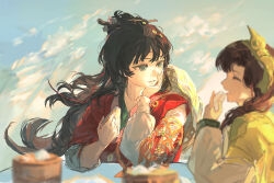  2girls absurdres black_hair blue_background blue_eyes blurry blurry_foreground cake chinese_clothes chinese_commentary closed_eyes commentary_request depth_of_field eating elbow_rest food green_headscarf hair_branch hair_bun hand_on_own_cheek hand_on_own_face hanfu hat_on_back head_rest headscarf highres holding holding_food jacket long_hair makabakabakama mayfly_(reverse:1999) multiple_girls open_mouth paper_heron parted_lips profile red_hanfu reverse:1999 solo_focus weimao yellow_jacket 