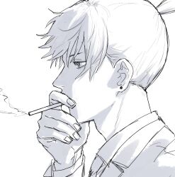  1boy chainsaw_man cigarette collared_shirt commentary_request earrings fingernails greyscale hands_on_own_face hayakawa_aki jacket jewelry male_focus monochrome mouth_hold necktie profile rigeshita shirt short_hair simple_background smoke solo suit_jacket topknot white_background 