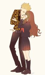  1boy 1girl animal_print artist_name black_pants black_serafuku black_shirt black_shoes black_skirt black_socks blonde_hair brown_eyes brown_hair brown_shirt brown_shoes chain chain_necklace collared_shirt commentary_request covering_own_mouth crossed_arms fate/extra fate/extra_ccc fate_(series) fingernails from_side full_body gilgamesh_(fate) gold_chain hair_between_eyes half-closed_eyes hands_up highres jacket jewelry kishinami_hakuno_(female) lapels leopard_print long_hair long_sleeves looking_at_another looking_to_the_side looking_up neckerchief necklace open_clothes open_jacket open_mouth pants pleated_skirt pointing puffy_long_sleeves puffy_sleeves red_eyes red_neckerchief ryousuke_(tukr5384) sailor_collar school_uniform serafuku shirt shoes short_hair sidelocks simple_background skirt socks tsukumihara_academy_uniform_(fate/extra_ccc) wavy_hair whispering_in_ear white_background yellow_jacket 