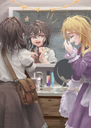  2girls back_bow bag blonde_hair bottle bow briefcase brown_eyes brown_hair commentary_request cowboy_shot drawer dress facing_away faucet frilled_dress frilled_skirt frills from_side hair_bow half-closed_eyes hat hat_bow hat_ribbon highres holding holding_unworn_clothes holding_unworn_hat maribel_hearn mirror mob_cap multiple_girls neck_ribbon necktie open_mouth perfume_bottle purple_dress red_necktie red_ribbon ribbon shirt_tucked_in shoulder_bag signature sink skirt star_(symbol) teeth touhou unworn_hat unworn_headwear usami_renko violet_eyes water white_bow white_hat yawning yunickckck 
