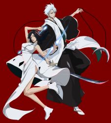  1boy 1girl almightybuttcheeks alternate_universe arrow_(projectile) asymmetrical_dual_wielding black_hair black_hakama bleach bleach:_epilogue boots bow_(weapon) breasts chain commentary dress dual_wielding english_commentary green_eyes grey_eyes grey_hair hakama haori height_difference highres hitsugaya_toushirou hitsugaya_toushirou_(adult) holding holding_arrow holding_bow_(weapon) holding_chain holding_sword holding_weapon japanese_clothes kurosaki_karin long_dress medium_breasts quincy_(bleach) red_background sandals shihakusho side_slit sleeveless sleeveless_dress socks sword taichou_haori weapon white_boots white_dress white_socks zanpakutou 