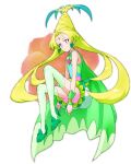  1girl agnete_(precure) blonde_hair boots cape closed_mouth commentary cure_oasis dress earrings facial_mark floating forehead_mark green_cape green_dress green_footwear hair_intakes high_heel_boots high_heels highres jewelry kayabakoro leaf_earrings long_hair looking_at_viewer magical_girl pink_bloomers precure short_dress sitting sleeveless sleeveless_dress smile solo thigh_boots tropical-rouge!_precure very_long_hair wristband yellow_eyes 