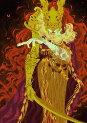  1girl arm_up armor brown_dress cape covered_eyes dress elden_ring feet_out_of_frame fur_trim helmet helmet_over_eyes highres holding holding_sword holding_weapon jawwydee malenia_blade_of_miquella ornate_armor pale_skin prosthesis prosthetic_arm red_cape red_hair red_lips solo standing sword three-quarter_sleeves weapon winged_helmet 