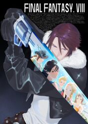  3boys 3girls absurdres bare_shoulders belt black_gloves black_hair black_jacket black_pants blue_eyes brown_belt brown_eyes brown_hair closed_mouth copyright_name cowboy_hat crossed_belts curly_ends ddb_000 facial_tattoo fighting_stance final_fantasy final_fantasy_viii fur-trimmed_jacket fur_trim glasses gloves gradient_background green_eyes grin gunblade hair_between_eyes hat highres holding holding_weapon irvine_kinneas jacket long_hair medium_hair multiple_boys multiple_girls outdoors overalls pants parted_bangs parted_lips quistis_trepe rinoa_heartilly scar scar_on_face scar_on_forehead selphie_tilmitt shirt short_hair smile spiky_hair squall_leonhart tattoo upper_body weapon white_shirt yellow_overalls zell_dincht 