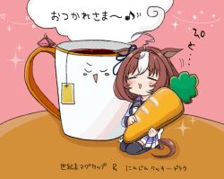  1girl :d ahoge animal_ears black_thighhighs blush bow brown_hair closed_eyes commentary_request crown cup hairband horse_ears horse_girl horse_tail long_sleeves meisho_doto_(umamusume) mini_crown mug multicolored_hair objectification pink_background pink_hairband pleated_skirt puffy_long_sleeves puffy_sleeves purple_shirt purple_skirt school_uniform seiza shirt sitting skirt smile sparkle star_(symbol) t.m._opera_o_(umamusume) tail thigh-highs tracen_school_uniform translation_request two-tone_hair umamusume usako_(umauma0602) white_bow white_hair 