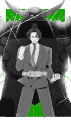  1boy 418monami absurdres advent_card commentary_request contract_monster henshin_pose highres kamen_rider kamen_rider_ryuki_(series) kitaoka_shuichi lapels long_sleeves looking_at_viewer male_focus necktie notched_lapels pants partially_colored rider_belt shirt solo_focus suit 