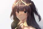  1girl bangs black_eyes black_hair blunt_bangs bridal_gauntlets edamameoka fire_emblem fire_emblem_awakening hair_ornament hand_on_own_chin highres long_hair looking_at_viewer parted_lips smile solo tharja_(fire_emblem) twintails upper_body white_background 