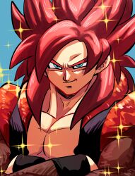  1boy 9302w_(user_wjpg8475) blue_background blue_eyes body_fur brown_fur commentary_request crossed_arms dragon_ball dragon_ball_gt gogeta highres looking_at_viewer metamoran_vest muscular muscular_male open_clothes open_vest portrait red_hair sleeveless smirk solo sparkle super_saiyan super_saiyan_4 vest wristband 