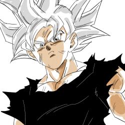  1boy 1rasutotoukou absurdres black_shirt commentary_request dragon_ball dragon_ball_super grey_eyes grey_hair highres male_focus muscular muscular_male shirt simple_background solo son_goku spiky_hair torn_clothes torn_shirt ultra_instinct upper_body white_background 