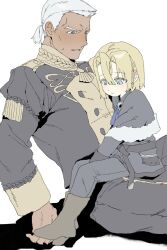  2boys absurdres aziemblemfates black_capelet blonde_hair blue_eyes boots brown_boots capelet child closed_mouth commentary_request dark-skinned_male dark_skin dedue_molinaro dimitri_alexandre_blaiddyd dimitri_alexandre_blaiddyd_(young) dot_nose fire_emblem fire_emblem:_three_houses fur-trimmed_capelet fur_trim garreg_mach_monastery_uniform hair_between_eyes highres jacket korean_commentary long_sleeves looking_at_another looking_down male_focus multiple_boys nervous_sweating pants ponytail short_ponytail simple_background sitting sitting_on_lap sitting_on_person sweat time_paradox white_background white_hair 