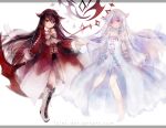  2girls alice_(pandora_hearts) boots bow bowtie brown_hair flower flower_necklace holding_hands lolita_fashion lyiet multiple_girls pandora_hearts scythe violet_eyes white_eyes white_hair will_of_the_abyss 