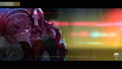  1boy 1girl absurdres blurry blush carrying depth_of_field dress fluffy_hair frilled_dress frills hairband hans.b highres letterboxed lolita_fashion lolita_hairband long_hair night original piggyback red_dress red_hair solo_focus translation_request 