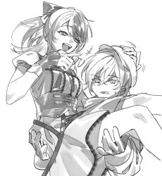  +++ 1boy 1girl bow breasts carrying carrying_person commentary corset crossed_bangs dress feet_out_of_frame gloves greyscale hair_between_eyes hair_bow hand_on_another's_head hat heavy highres hololive hololive_english holostars holostars_english lace-trimmed_dress lace_trim laughing lynnear machina_x_flayon machina_x_flayon_(2nd_costume) medium_breasts monochrome motion_lines multicolored_hair official_alternate_costume open_mouth parted_bangs pointing pointing_at_another ponytail princess_carry puffy_short_sleeves puffy_sleeves shiori_novella shiori_novella_(casual) short_sleeves simple_background small_sweatdrop split-color_hair swept_bangs two-tone_hair virtual_youtuber 