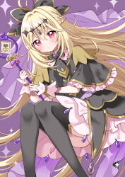  1girl absurdres antenna_hair black_bow black_capelet black_dress black_thighhighs blonde_hair blush bow braid brooch capelet closed_mouth commentary crossed_bangs cure_arcana_shadow dress expressionless feet_out_of_frame forehead_jewel frilled_capelet frills gem gold_trim hair_between_eyes hair_bow hair_intakes half_up_braid heart heart_brooch highres holding holding_staff jewelry knees_together_feet_apart long_hair looking_at_viewer magical_girl medium_dress meitantei_precure! moria_luluka pink_eyes precure purple_background purple_gem purple_theme purple_veil sleeveless sleeveless_dress solo sparkle sparkle_background staff tear_arcana_rod thigh-highs uchuuneko veil very_long_hair white_wrist_cuffs wrist_cuffs 