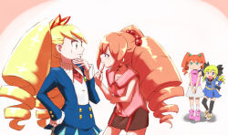  4girls akechi_kokoro black_thighhighs blonde_hair blue_dress blue_eyes bow cardfight!!_vanguard commentary_request dress drill_hair green_eyes hair_bow hand_on_own_hip junmai_karin long_hair luna_platz_(mega_man) medarot medarot_2 mega_man_(series) mega_man_star_force_(series) multiple_girls open_mouth orange_hair pink_shoes shimetta_seiya shoes simple_background skirt smile sweatdrop tantei_opera_milky_holmes tatsunagi_rekka thigh-highs twin_drills very_long_hair white_skirt 