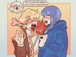  1boy 2girls bari_(project_moon) blue_hair blue_hoodie blush brown_coat coat don_quixote_(project_moon) feather_boa feathers gradient_background heart heart_in_mouth highres hood hood_down hoodie kiss la_manchaland's_don_quixote_(project_moon) limbus_company long_hair medium_hair multiple_girls neon_metro project_moon red_feathers saliva sancho_(project_moon) shirt short_hair sidelocks speech_bubble white_hair white_shirt yellow_eyes yuri 