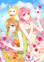  2girls :3 absurdres ahoge animal apple29556997 apron back-to-back bare_arms bare_shoulders bead_necklace beads blue_eyes blue_sky bobo_(miracle_nikki) bow bowtie braid brooch brown_eyes brown_hair cat cloak closed_mouth clothed_animal clouds commentary_request cowboy_shot daisy_(flower) day ear_covers eyelashes field floating_clothes floating_hair floral_print flower flower_brooch flower_field flower_necklace frilled_shirt frilled_skirt frilled_vest frills green_bow green_bowtie green_vest hair_bow hair_flower hair_ornament hair_over_shoulder hairclip happy highres holding holding_flower hood hood_up hooded_cloak jewelry light_blush long_hair looking_at_viewer lower_teeth_only miniskirt miracle_nikki momo_(nikki) multiple_girls necklace nikki_(nikki) nikki_(series) open_mouth orange_apron outdoors parallel_hairclips petals pink_eyes pink_flower pink_hair pinstripe_pattern pinstripe_vest pleated_skirt print_shirt print_skirt red_flower red_rose rose rose_print shirt skirt skirt_set sky sleeveless sleeveless_shirt smile striped_bow striped_bowtie striped_clothes teeth turtleneck turtleneck_shirt twin_braids vest whiskers white_cat white_flower white_shirt white_skirt wind yellow_cloak 