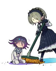  1boy 1girl black_dress black_gloves black_hair black_necktie black_pantyhose blonde_hair blush breasts broom collared_shirt danganronpa_(series) danganronpa_v3:_killing_harmony dress gloves hair_between_eyes highres holding holding_broom jacket large_breasts long_sleeves looking_at_another maid medium_hair necktie oma_kokichi pants pantyhose seiza shirt short_hair simple_background sitting smile tojo_kirumi white_background white_jacket white_pants youko-shima 