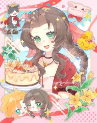  1girl :3 aerith_gainsborough aqua_eyes arm_belt bird blue_flower blush boots bow bowtie braid braided_ponytail brown_boots cait_sith_(final_fantasy) cake cape cat cheek-to-cheek chibi chibi_inset chocobo choker cloud_strife commentary_request crown dress fangs fangs_out final_fantasy final_fantasy_vii final_fantasy_vii_rebirth final_fantasy_vii_remake flower flower_choker food fruit green_eyes hair_between_eyes hair_ribbon heads_together highres holding holding_cake holding_food holding_party_popper jacket lily_(flower) mini_crown moogle one_eye_closed open_mouth parted_bangs party_popper pink_dress pink_ribbon qjiqiehuang red_bow red_bowtie red_cape red_jacket ribbon short_hair sidelocks single_braid smile sparkle strawberry tuxedo_cat twitter_username upper_body yellow_flower 