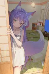  1girl absurdres animal_ears blue_eyes closed_mouth clrawing commentary_request dress fox_ears fox_girl fox_tail hair_ornament heterochromia highres korean_commentary long_hair looking_at_viewer pom_pom_(clothes) pom_pom_hair_ornament purple_hair purple_tail sliding_doors smile split_mouth stellive tail tatami tenko_shibuki two-tone_tail very_long_hair virtual_youtuber white_dress yellow_eyes 