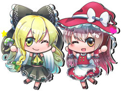  2girls :d alternate_costume apron arms_up ascot black_bow black_shirt black_shoes black_skirt bow brown_eyes brown_hair buttons chibi chibi_only closed_mouth collared_shirt commentary_request cosplay costume_switch detached_sleeves drop_shadow frilled_apron frilled_hair_tubes frills gohei hair_bow hair_tubes hakurei_reimu hat hat_bow holding holding_gohei holding_mushroom kirisame_marisa long_hair long_sleeves multiple_girls mushroom nanai07 nontraditional_miko one_eye_closed open_mouth outline red_hat red_shoes red_skirt red_vest shirt shoes simple_background skirt sleeveless sleeveless_shirt smile standing standing_on_one_leg star_(symbol) touhou turtleneck turtleneck_shirt vest white_apron white_background white_bow white_outline white_shirt wide_sleeves witch_hat yellow_ascot yellow_eyes 