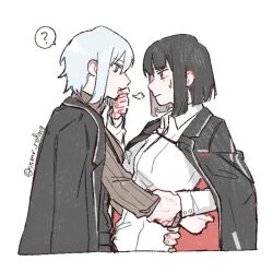  2girls black_coat black_hair black_jacket blue_eyes bob_cut brown_sweater closed_mouth coat coat_on_shoulders collared_shirt commentary_request covering_another's_mouth faust_(project_moon) hand_on_another's_waist jacket lapels limbus_company multiple_girls notched_lapels project_moon red_eyes ribbed_sweater ryoshu_(project_moon) shirt short_hair simple_background ssmr_rolling sweater upper_body white_background white_hair white_shirt yuri 