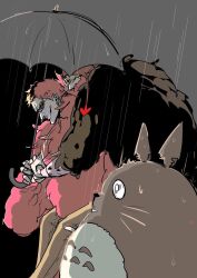  3boys black_coat blonde_hair brothers carrying coat crossover donquixote_doflamingo donquixote_rocinante earrings english_commentary grin highres holding holding_umbrella jewelry male_focus multiple_boys one_piece parody piggyback pink_coat rain short_hair siblings smile sunglasses tonari_no_totoro totoro totoro_bus_stop umbrella unidof 