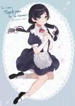  1girl apron black_footwear black_hair blue_dress blue_eyes collared_dress commission cuffs dress frills hands_on_own_chest highres kimukichi_0224 legs low_twintails maid maid_apron original short_sleeves skeb_commission sleeve_cuffs socks solo thighs twintails white_legwear 