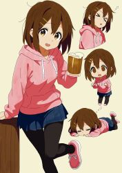  >_< 1girl absurdres alcohol beer blue_skirt brown_eyes brown_hair chibi closed_eyes cup drunk food hair_ornament hairclip highres hirasawa_yui hood hoodie k-on! looking_at_viewer mug multiple_persona open_mouth pantyhose shoes skirt smile sneakers totalmajorweeb 