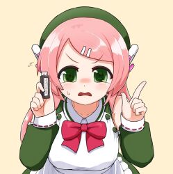  1girl apron beret blush bow bowtie collared_dress detached_sleeves dress english_text flash_drive frilled_apron frills green_eyes hair_ornament hairclip hat holding index_finger_raised long_hair long_sleeves looking_at_viewer maid momone_momo nose_blush open_mouth pink_hair robot_ears saruyama_ushirou sleeveless sleeveless_dress solo sweat utau v-shaped_eyebrows yellow_background 