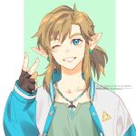  1boy blonde_hair blue_eyes blush earrings fingerless_gloves gloves green_background green_shirt grin hair_between_eyes highres jacket jewelry letterman_jacket link male_focus necklace nito_minatsuki one_eye_closed pillarboxed pointy_ears ponytail shirt sidelocks smile solo teeth the_legend_of_zelda the_legend_of_zelda:_breath_of_the_wild triforce upper_body v 