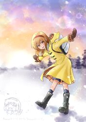  1girl :d =_= absurdres angel_wings backpack bag bilingual_commentary black_bag black_boots blush boots breath brown_hair brown_mittens chibi chibi_inset clouds coat cold commentary_request copyright_name eating english_commentary fake_wings food full_body hair_between_eyes hairband happy highres hood hood_down kanon leaning_forward long_sleeves looking_at_viewer medium_hair mittens mixed-language_commentary open_mouth outdoors outstretched_arms red_eyes red_hairband smile snow snowing solo standing straight_hair stubox15 sunrise taiyaki tsukimiya_ayu wagashi wings winter winter_clothes yellow_coat 