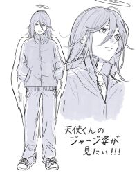  1boy alternate_costume angel_devil_(chainsaw_man) angel_wings chainsaw_man closed_mouth commentary_request full_body greyscale hair_between_eyes halo hands_in_pockets looking_at_another male_focus monochrome multiple_views partially_unzipped rigeshita shoes short_hair simple_background standing track_suit translation_request white_background wings zipper 