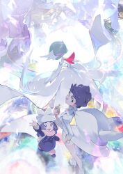  2girls :d ansha_(pokemon) aurorus black_coat black_dress black_shoes blue_eyes brown_hair coat coat_dress diantha_(pokemon) dress e_volution eyelashes gardevoir goodra gourgeist hat hawlucha high_heels highres long_hair long_sleeves looking_at_viewer mega_gardevoir mega_stone mother_and_daughter multiple_girls open_mouth pink_scarf pokemon pokemon_(creature) pokemon_legends:_z-a pokemon_xy scarf shoes short_hair smile teeth tyrantrum upper_teeth_only white_dress white_hat white_shoes 