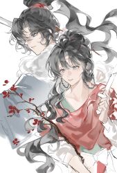  1boy 1girl aaliy absurdres black_eyes black_hair blue_robe branch broken broken_sword broken_weapon cheng_heguang chinese_clothes chinese_commentary commentary_request facial_mark flower forehead_mark fur-trimmed_robe fur_trim grin hair_bun hand_up hanfu highres holding holding_branch holding_sword holding_weapon jian_(weapon) long_hair paper_heron ponytail red_flower red_hanfu reverse:1999 robe smile sword upper_body weapon white_background 