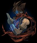 1boy armband bandaged_arm bandages bare_shoulders blue_eyes brown_eyes brown_hair dated glowing glowing_eye hair_between_eyes heterochromia looking_at_viewer male_focus mask mouth_mask ninja osanpogakari red_scarf scarf solo strider_(video_game) strider_hiryuu torn torn_clothes torn_scarf upper_body 